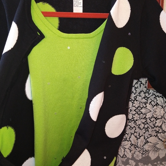 Quacker Factory black cardigan green and white polka dot sequins 100% cotton - Picture 7 of 8